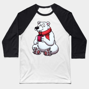 Cute Polar Bear In Red Scarf Drinking Hot Chocolate Baseball T-Shirt